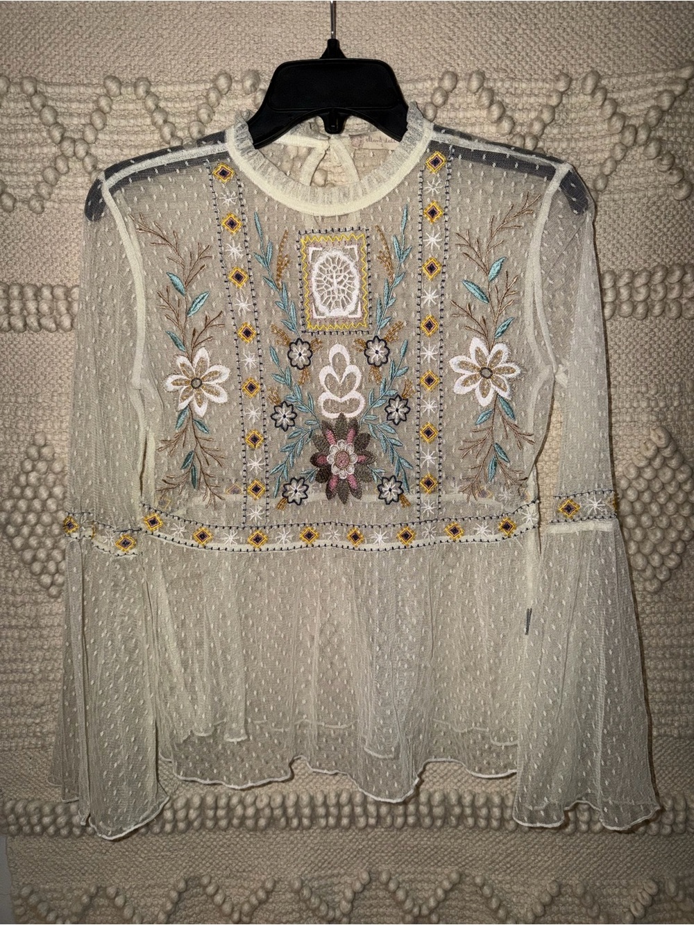 Altar'd State Cream Sheer Embroidered Peplum Blouse